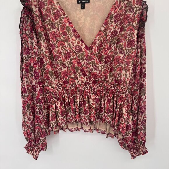 Express Floral Print Surplice Blouse  Smocked Waist  Ruffled Cuffs size XL - Picture 4 of 12